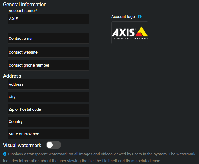 The Account information page in AXIS Case Insight, showing the general information, account logo, address, and visual watermark sections.