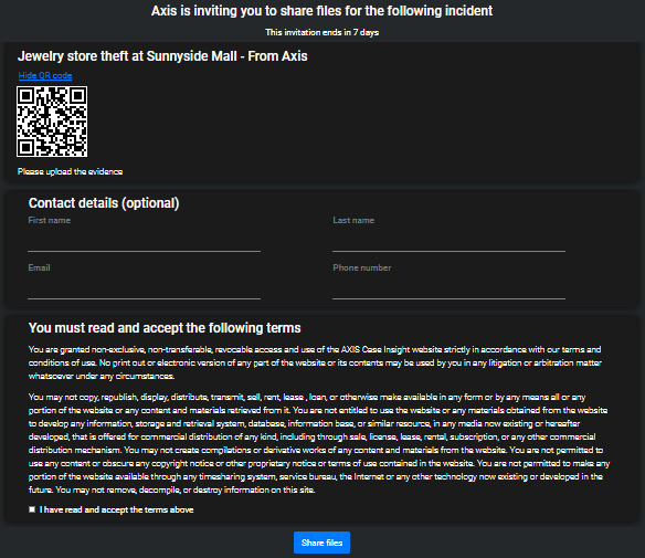 The file request form showing a QR code used to submit video and fields used to specify identifying information.