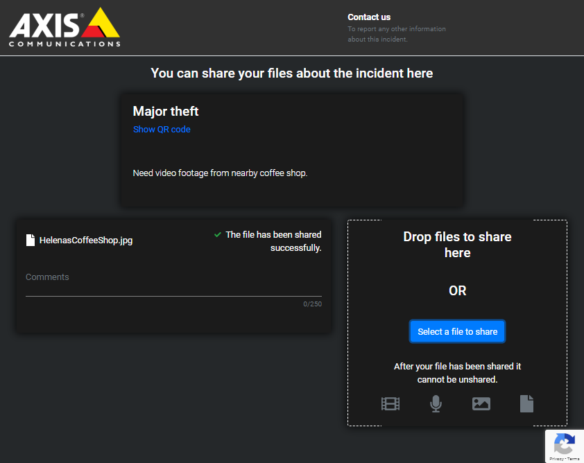 The file share page showing the file has been shared successfully.