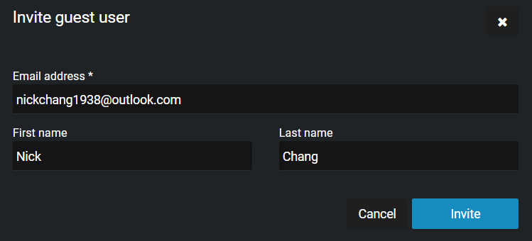 The Invite guest user window in AXIS Case Insight showing invitee email address, first name, and last name.