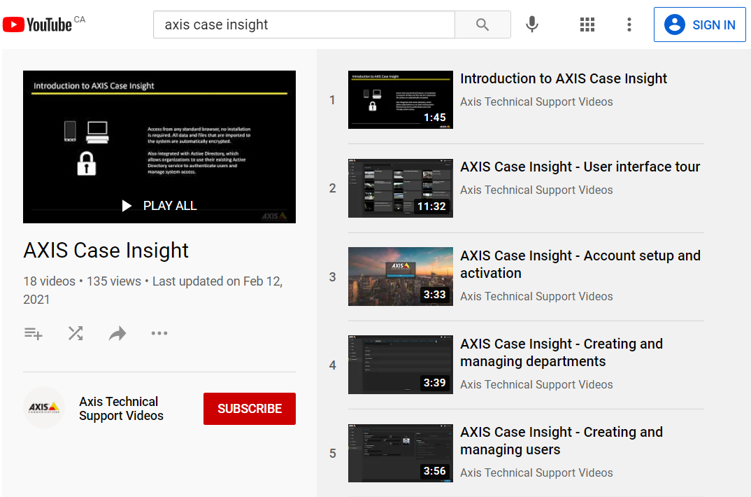 The AXIS Case Insight video tutorial YouTube playlist.
