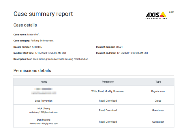 The case summary report, showing organization information and case details.