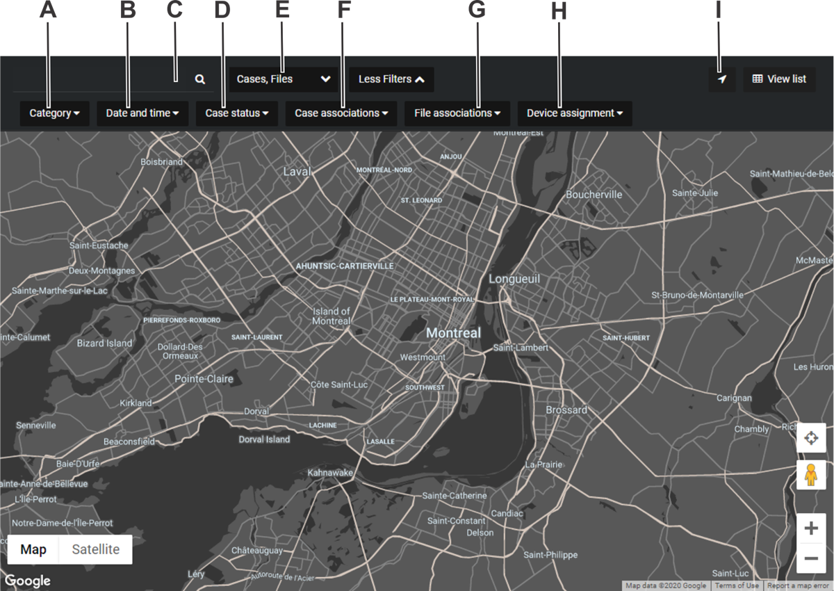 The map view of the Search page in AXIS Case Insight with callouts to the search filters that can be applied.