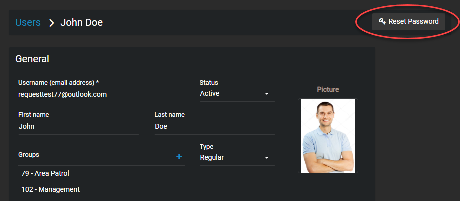 The user page in AXIS Case Insight with the Reset password button highlighted.