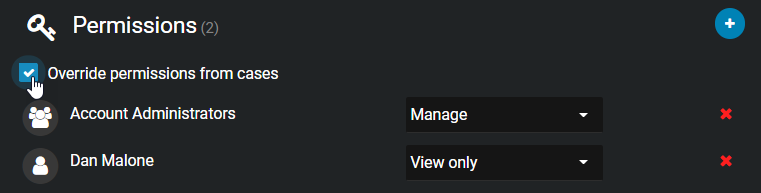 The permissions section of the File details page with the Override permissions from cases check box activated.