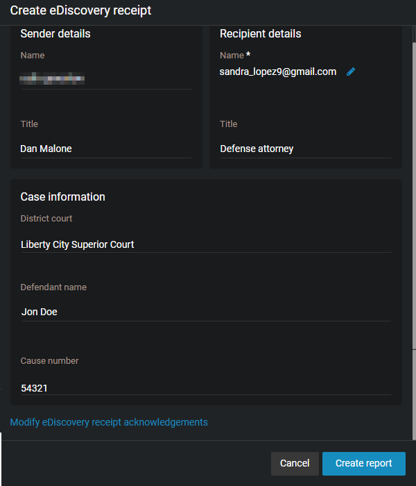 The eDiscovery receipt creation page, showing sender and recipient details, and case information fields.