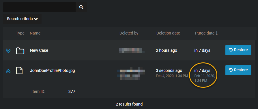 The Recycle bin showing the file that was deleted scheduled for permanent deletion in 7 days.