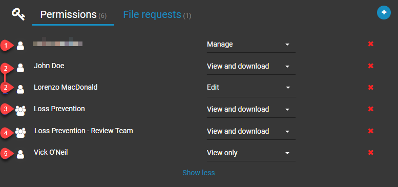 The Permissions section in AXIS Case Insight, showing a list of users, groups, and departments and their level of access to the case.