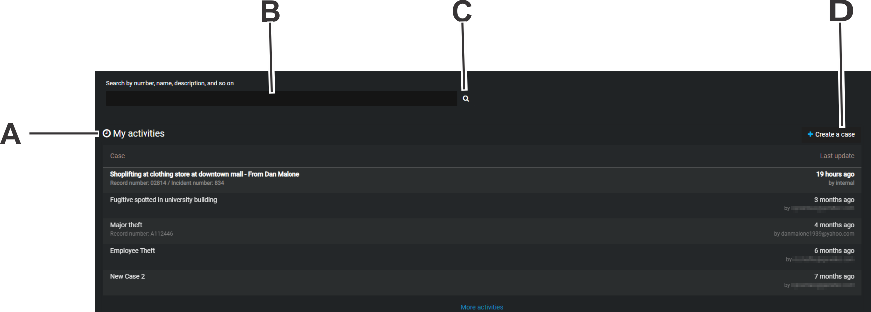 The homepage in AXIS Case Insight, with callouts to the UI elements.
