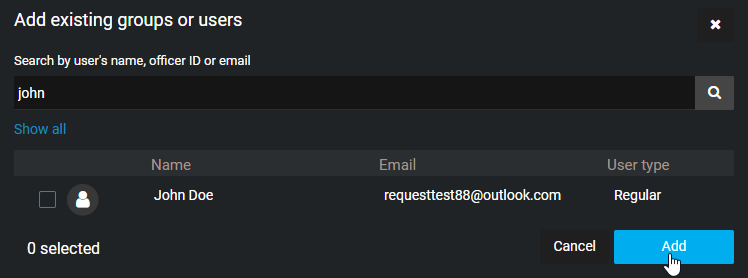 The Add existing groups or users page in AXIS Case Insight, showing a list of users and groups that can be added to the case.