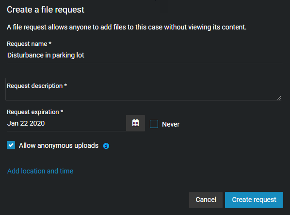 The Create file request section, showing request details.