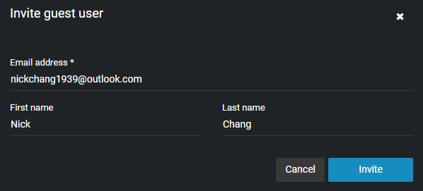 The Invite guest user window in AXIS Case Insight showing invitee email address, first name, and last name.