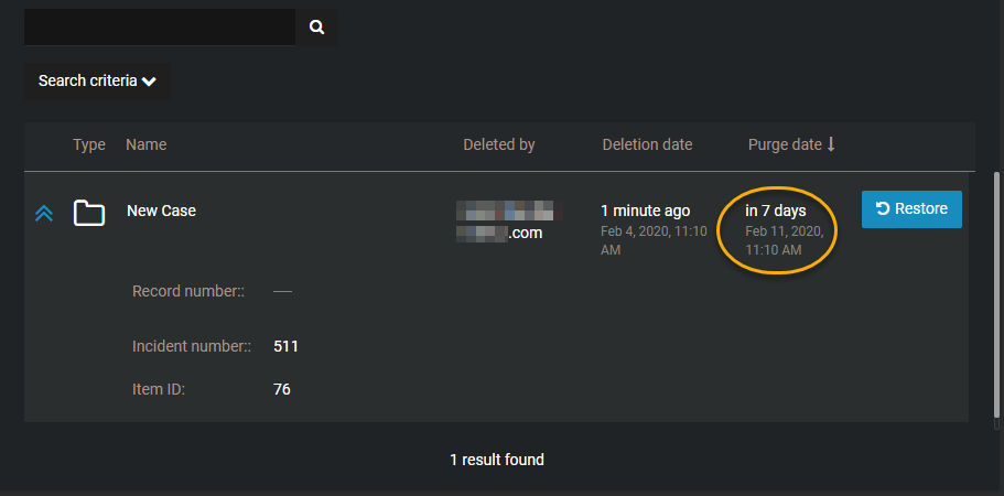 The recycle bin in AXIS Case Insight with the purge date of the case in question highlighted.