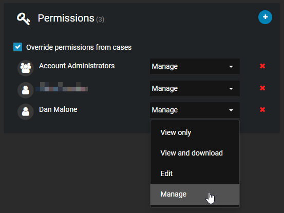The Permissions section of a case in AXIS Case Insight, showing a list of those included in the case with the option to change level of access highlighted.