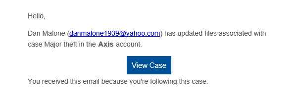 The "case modified" AXIS Case Insight email notification, showing the option to view a case.