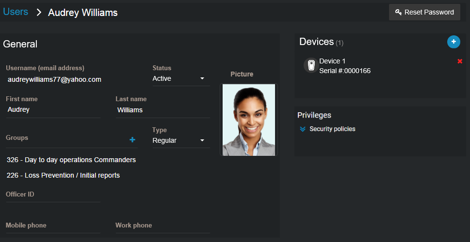 Audrey Williams' user profile, showing her general information, assigned devices, and privileges.