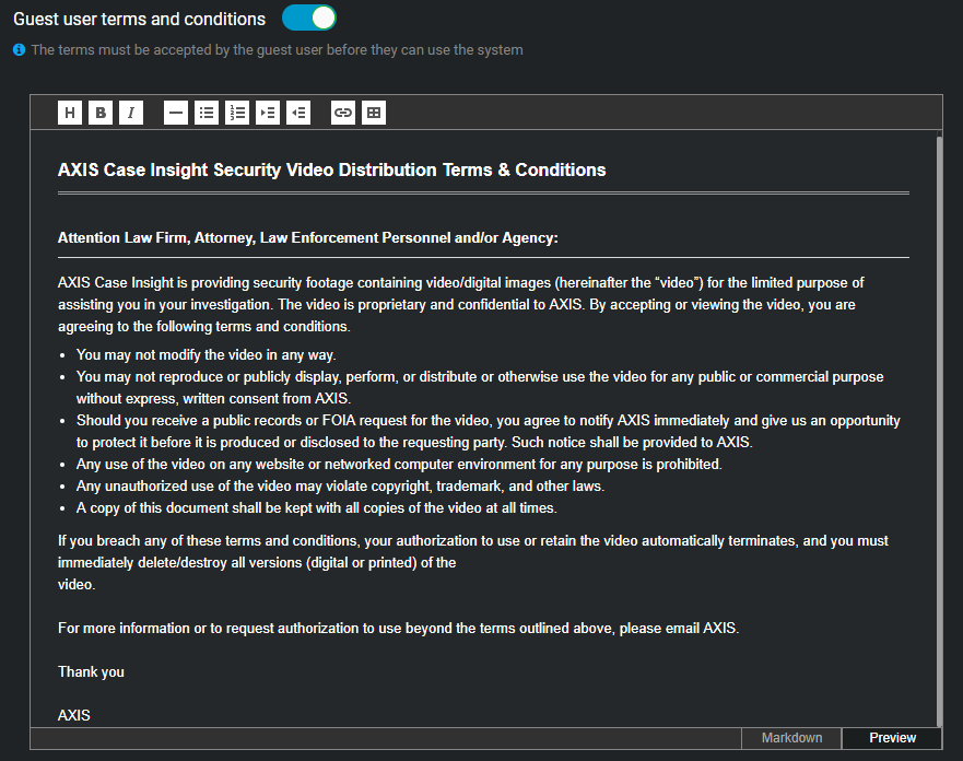 The Guest user terms and conditions section in AXIS Case Insight with text explaining the terms and conditions guest users must agree to.