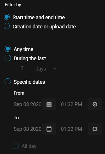 Filter by dialog in AXIS Case Insight showing date and time options