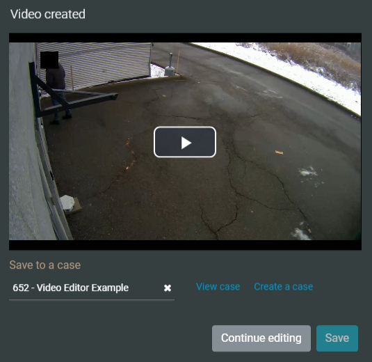 The Save redacted video to new case window showing the options to save or continue editing.