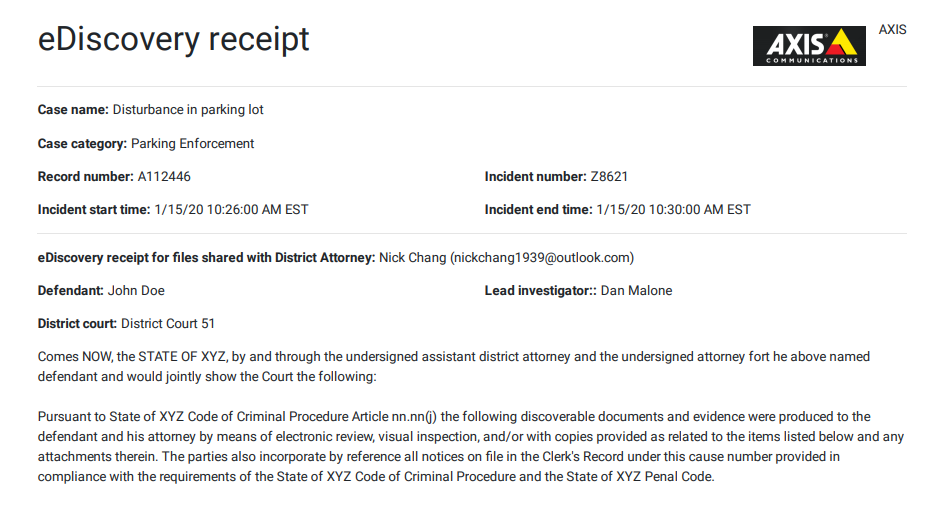 A completed eDiscovery receipt, showing organization information, and case details.