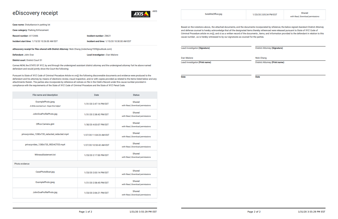 The eDiscovery receipt in PDF format, showing organization info and case details.