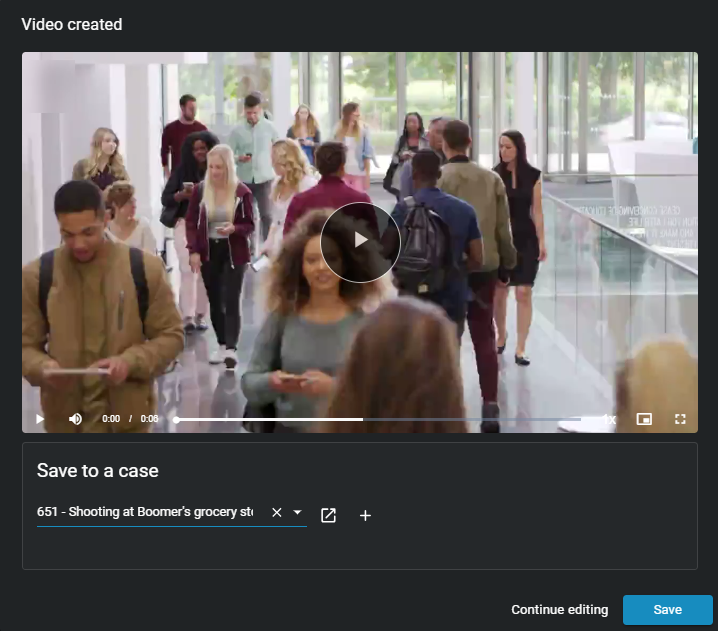 The redacted video showing the continue editing or save options.