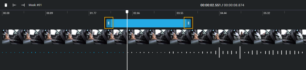 The video timeline showing the option to extend the mask time length.