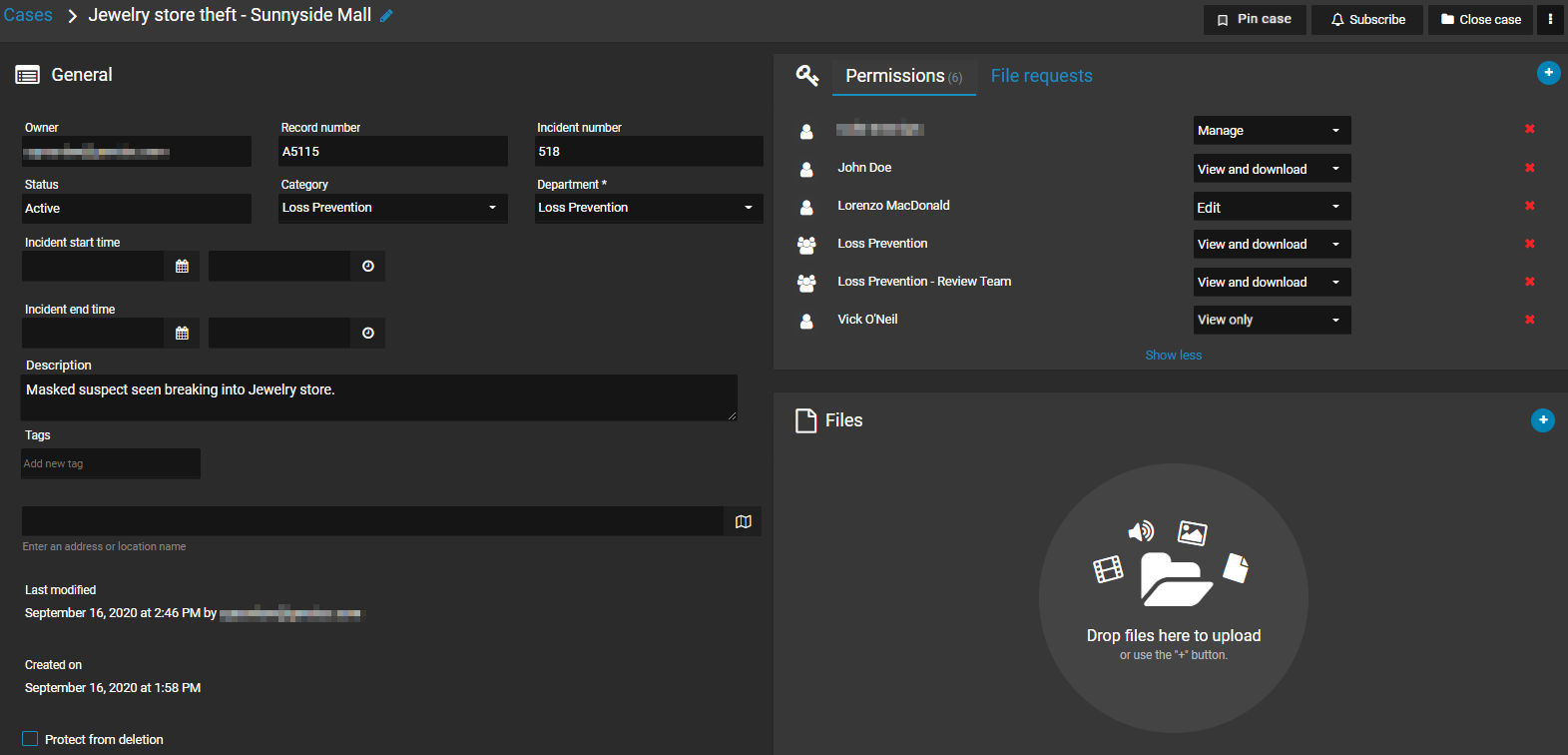 A case in AXIS Case Insight, showing the Genreal information, permissions, and files sections.