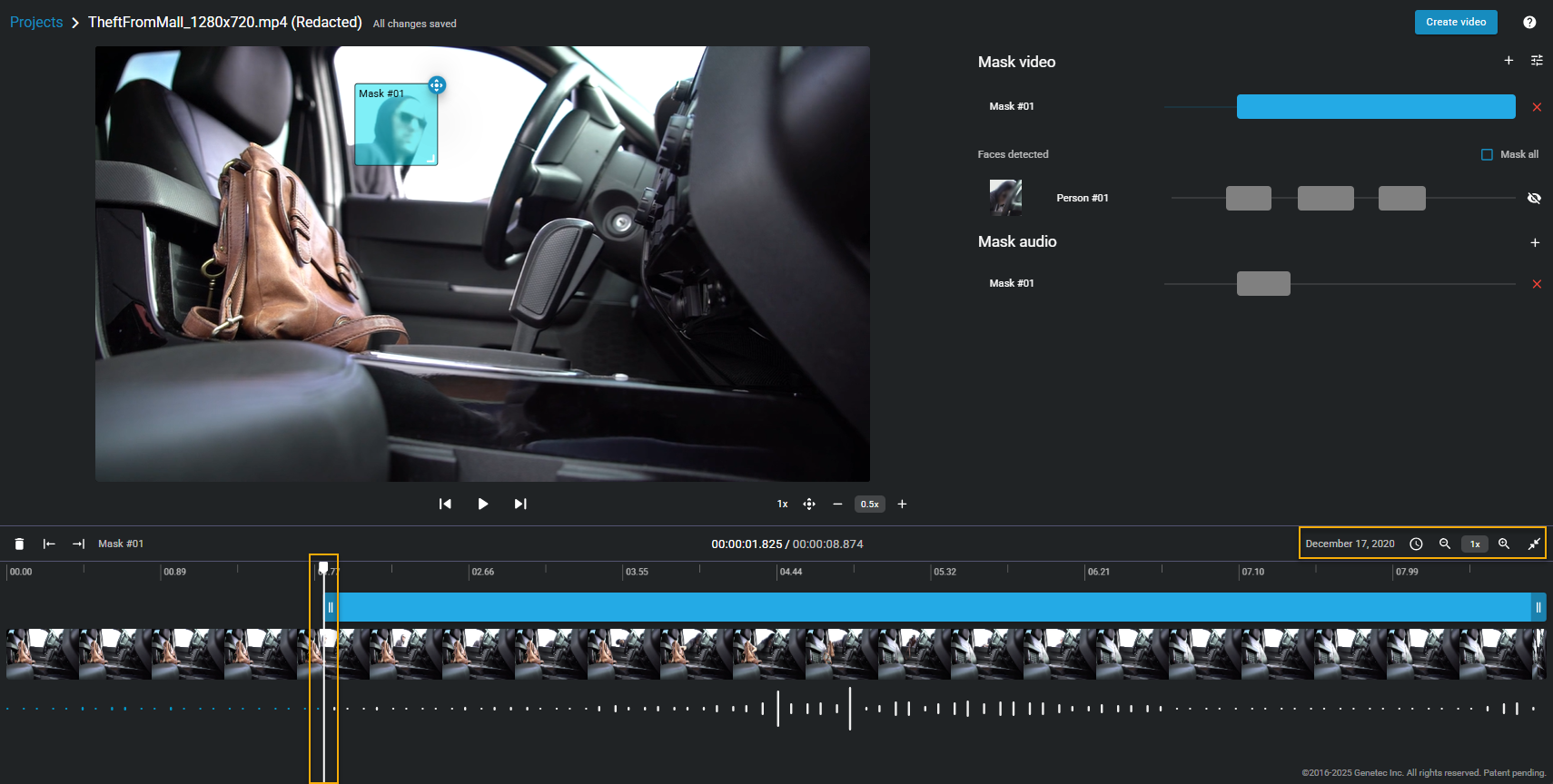 The video editor showing video and audio redaction applied and with the video tracking and timeline zoom controls highlighted.